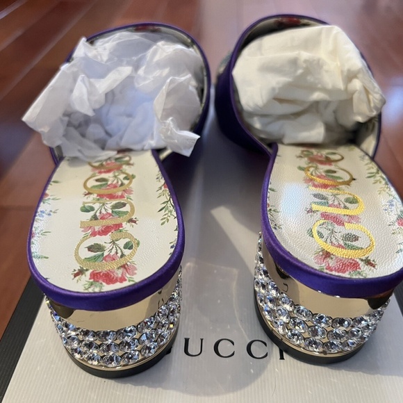 GUCCI Womens Shoes Size 39.5 Purple Dragon Embroidered Satin Crystal Heel Mules - Picture 3 of 6